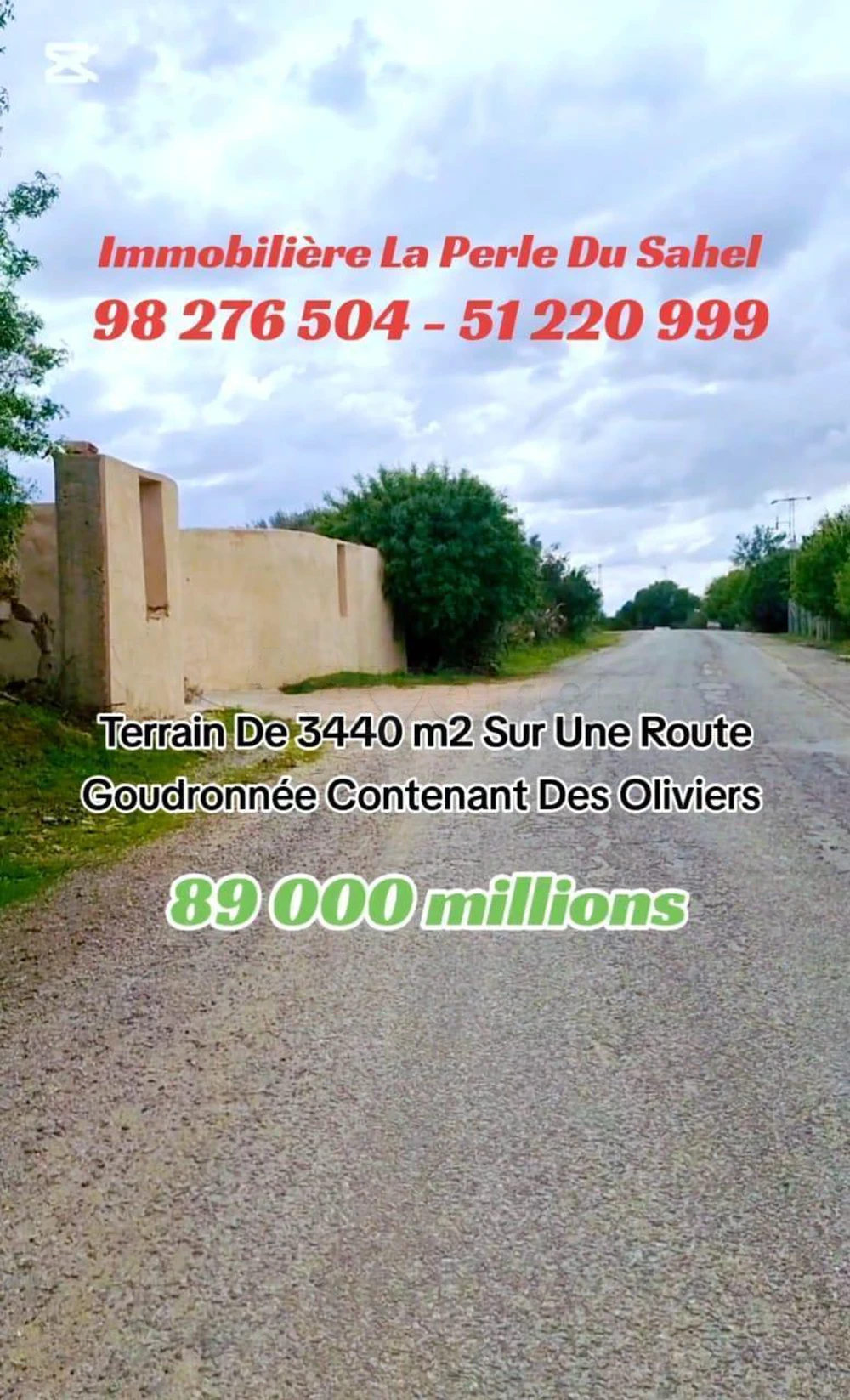 TERRAIN DE 3440 m² SUR UNE ROUTE GOUDRONÈE A KALAA KBIRA