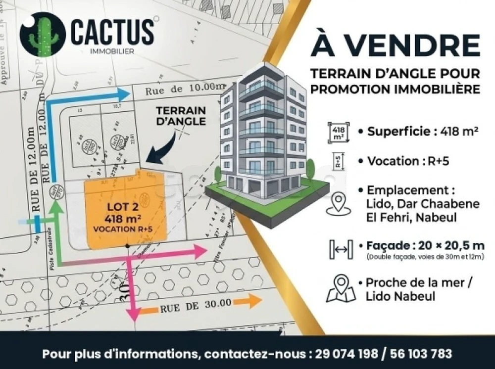 À vendre : Terrain de 418 m² R+5 à Lido, Nabeul – idéal promotion immobilière
