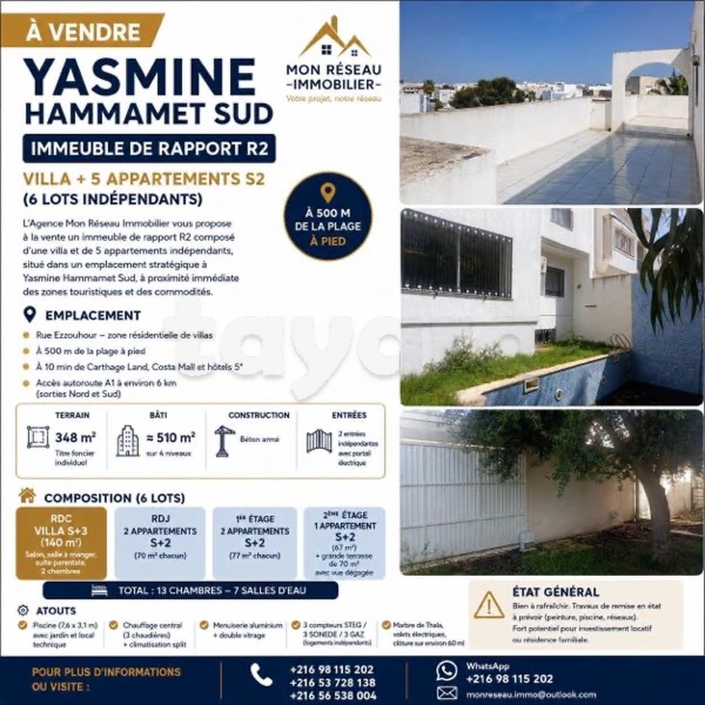 📍 YASMINE HAMMAMET SUD – IMMEUBLE DE RAPPORT R2 (VILLA + 5 APPARTEMENTS S2) À VENDRE