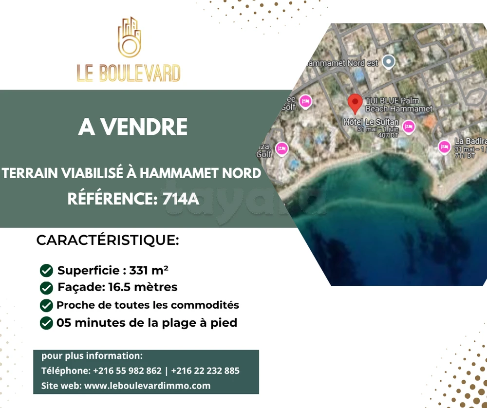A vendre terrain 331m² à Hammamet Nord