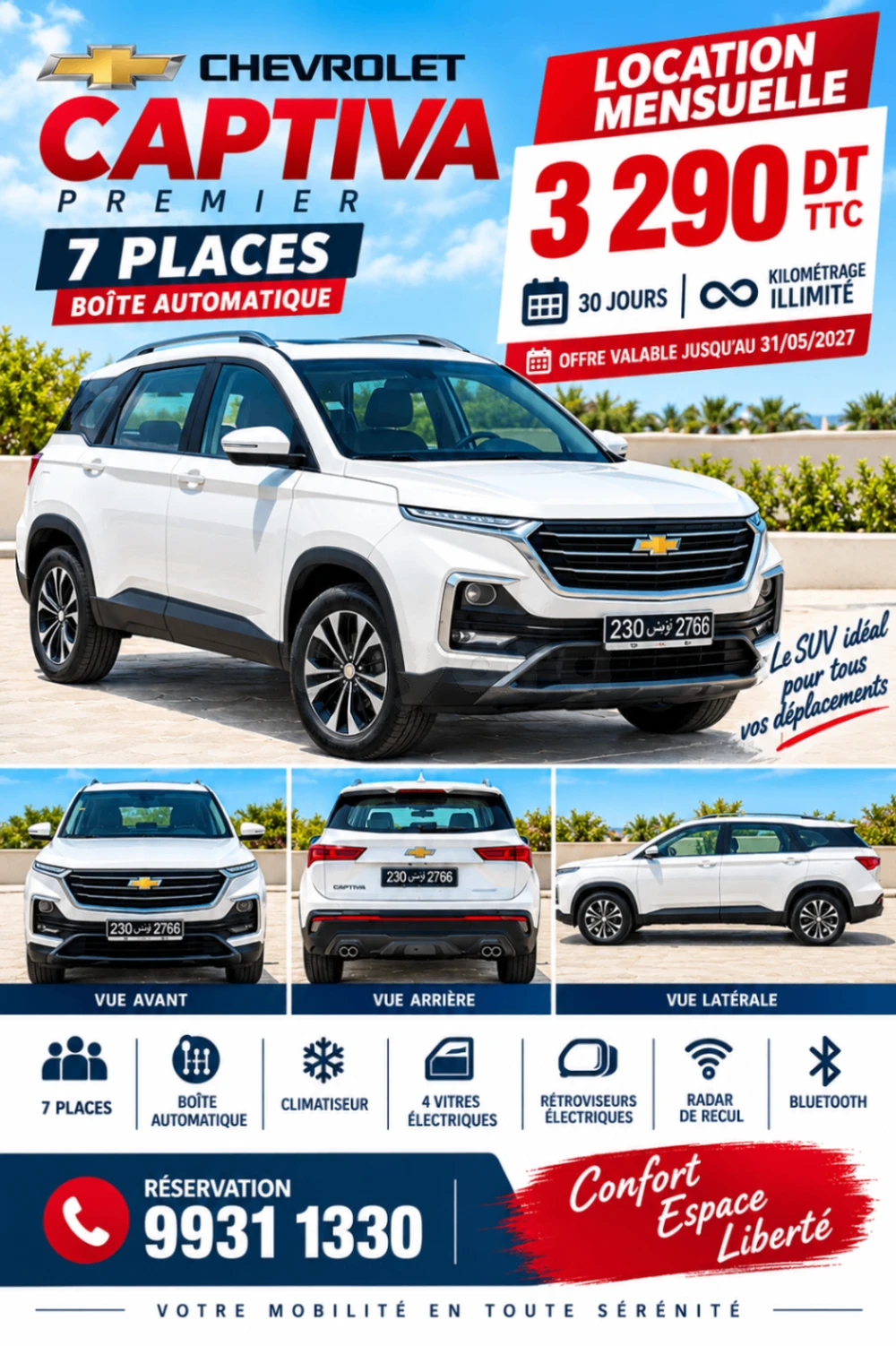 Location Chevrolet Captiva 7 places automatique – 3 290 DT/mois