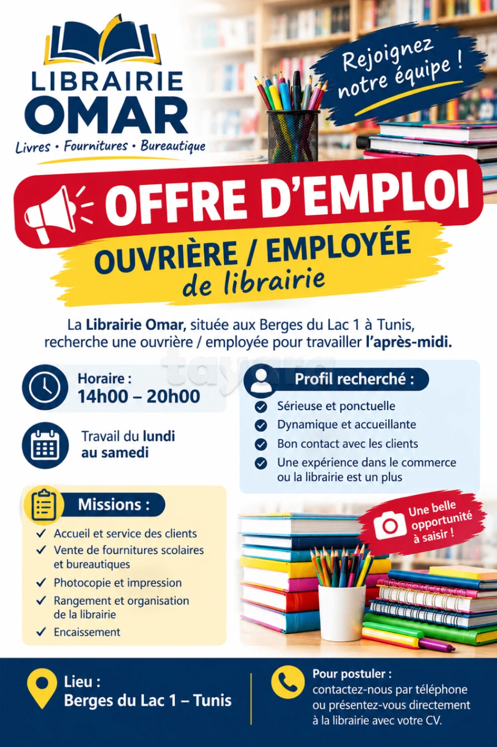 OFFRE D'EMPLOI – OUVRIÈRE / EMPLOYÉE DE LIBRAIRIE