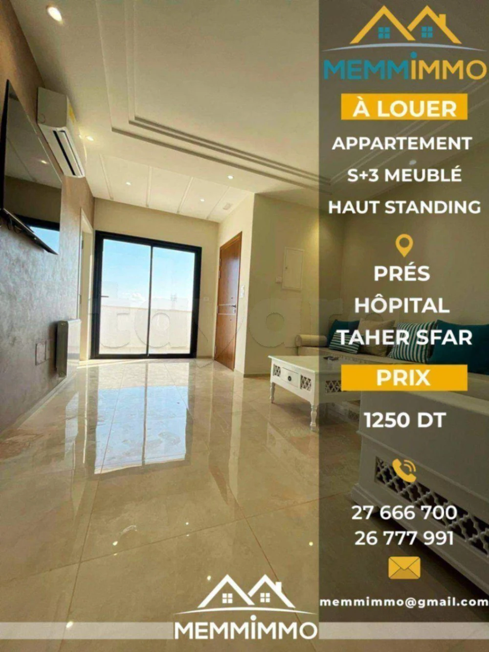 🏡 À louer: Appartement S+3 meublé de haut standing - Mahdia 🏡