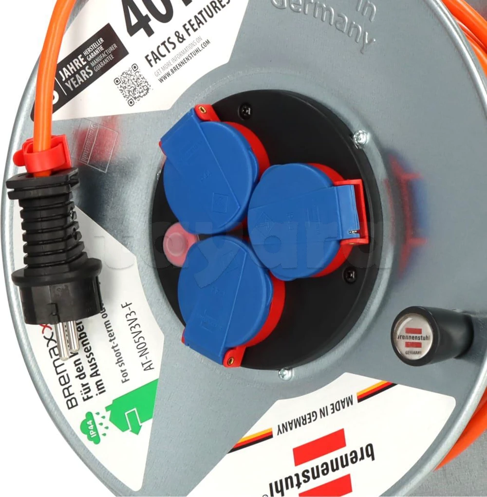 Enrouleur de câble IP44 40 m pour l'extérieur (fabriqué en Allemagne, câble de couleur orange, utilisation à court terme en extérieur)