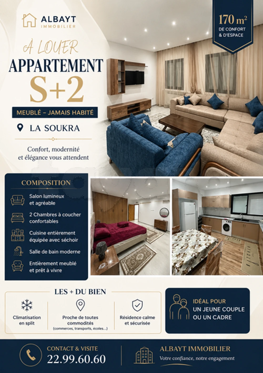 ✨ LA SOUKRA ✨À louer un magnifique appartement S+2 meublé jamais habité 🏡