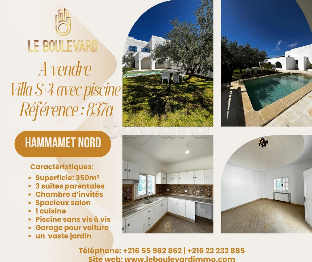 A vendre villa S+4 avec piscine Style Arabesque à Hammamet Nord