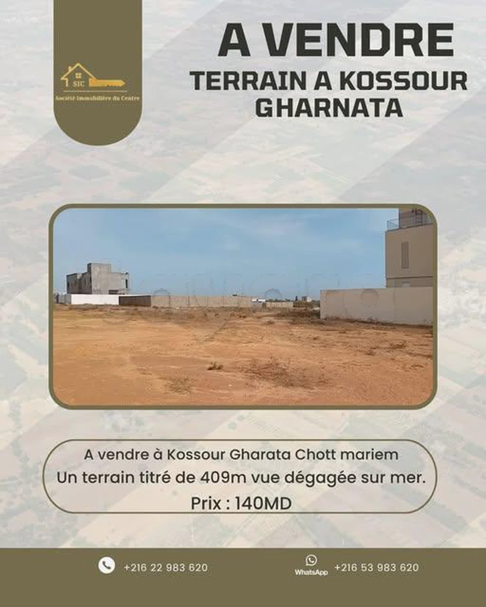 Terrain de 409m à Kossour Gharnata Chott Mariem