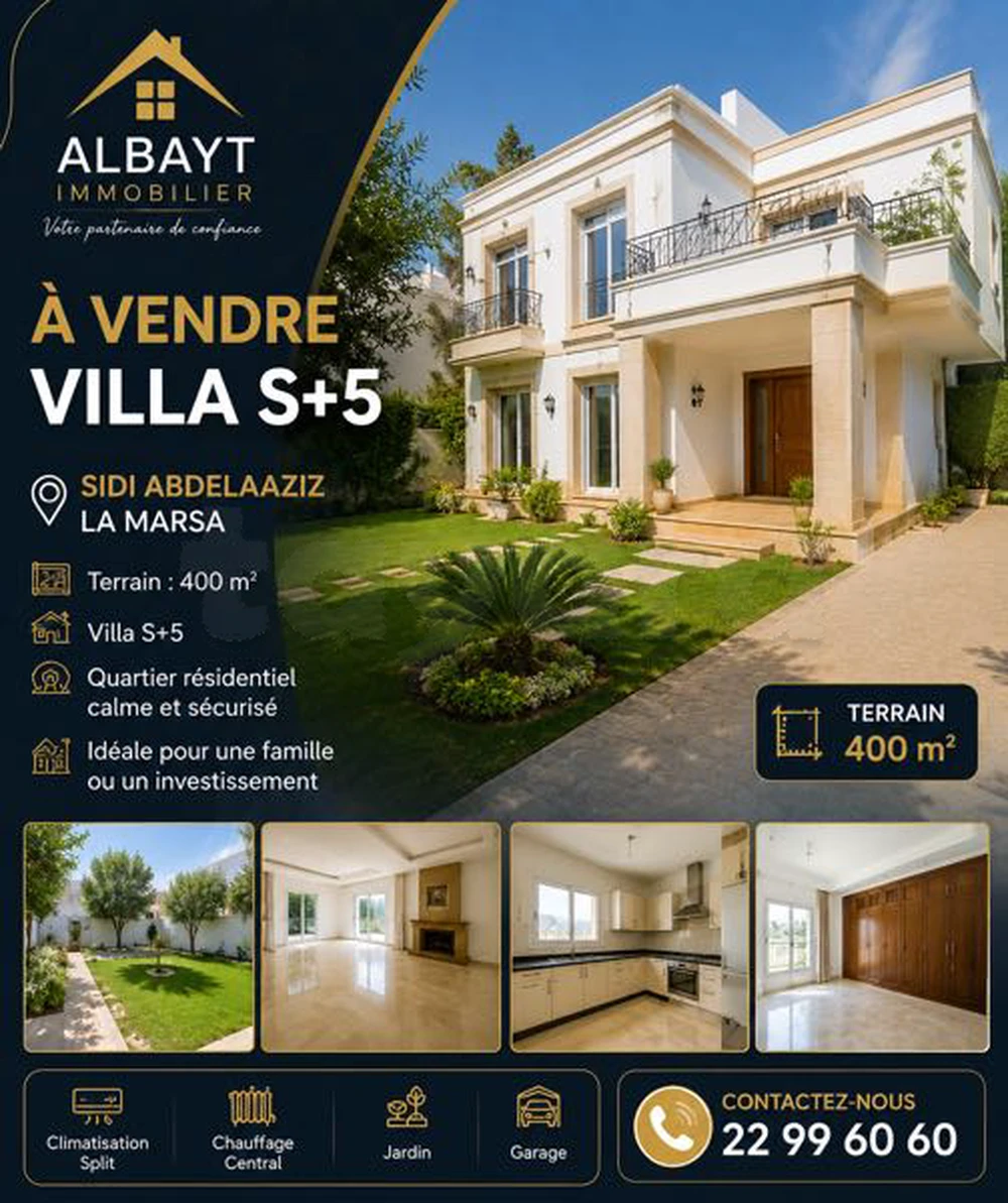 🏡 À VENDRE | Villa S+5 à La Marsa – Sidi Abdelaziz