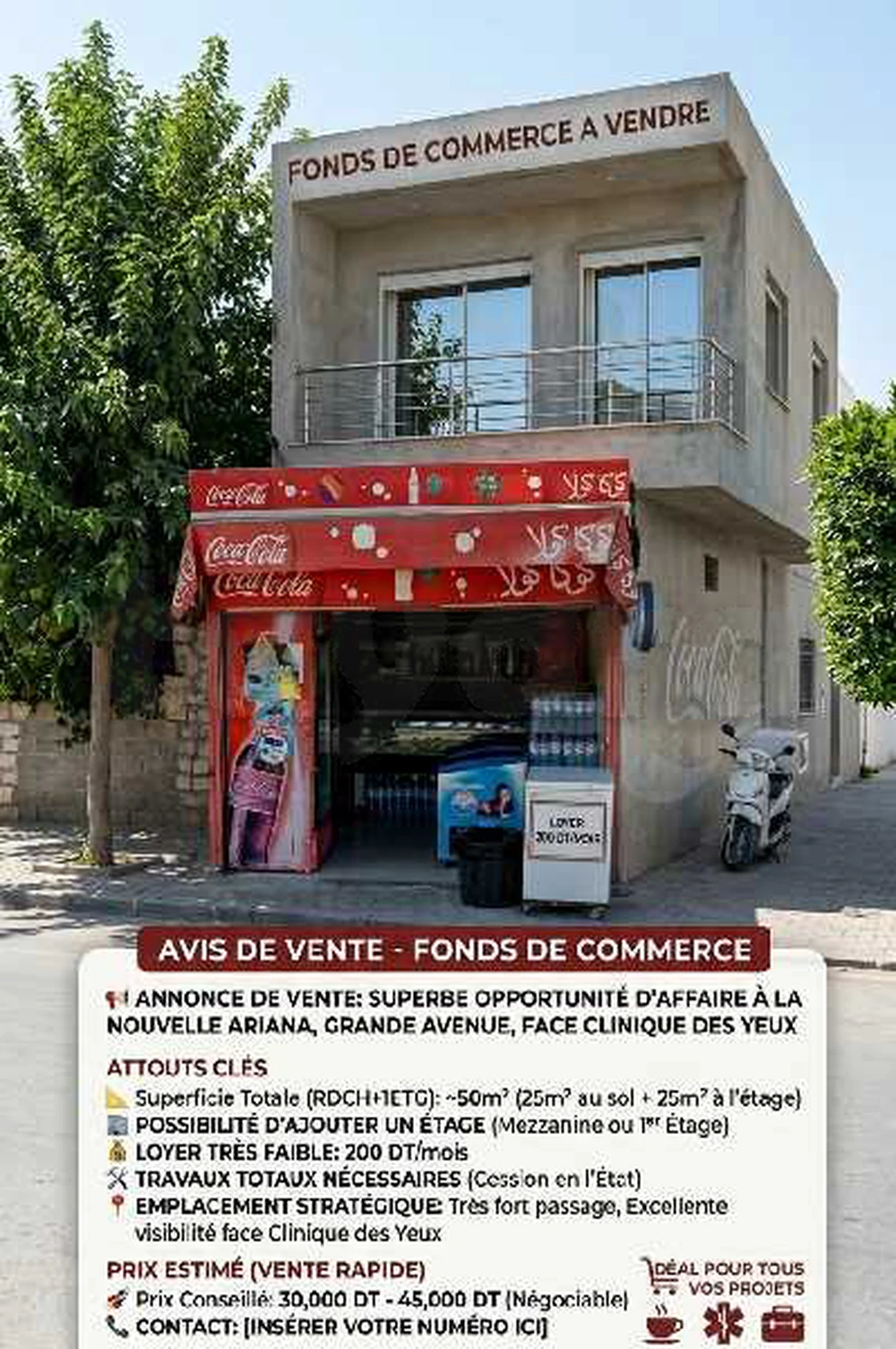 ٠ للبيع: اصل تجارى ممتاز de) Fonds
ل
ار
(commerce
الشارع
المكان: آريانة الجديدة