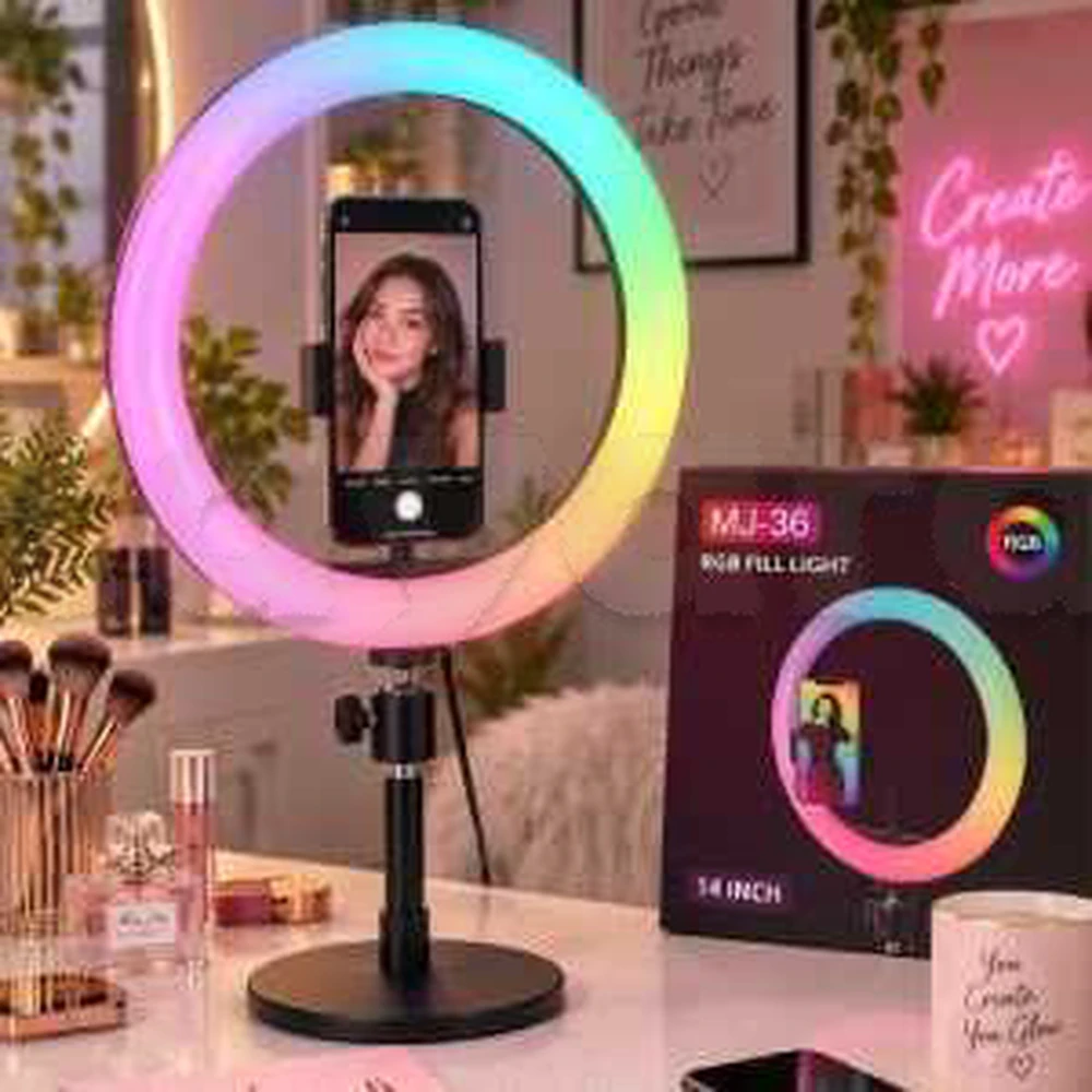 Anneau lumineux LED RGB arc-en-ciel doux de 14 pouces avec trépied et support pour téléphone 40.6 cm