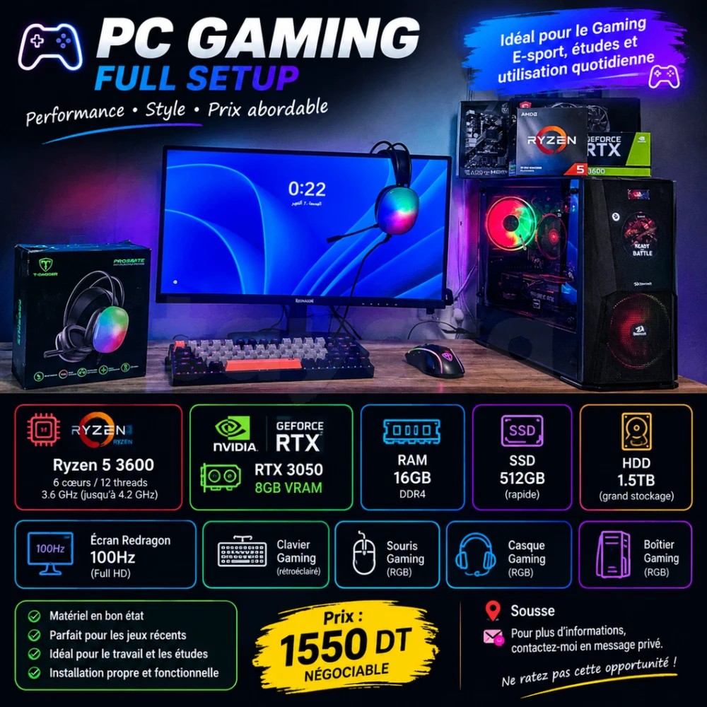 🔥 PC GAMING Ryzen 5 3600 + RTX 3050 8GB + 16GB RAM + Écran 100Hz 🔥