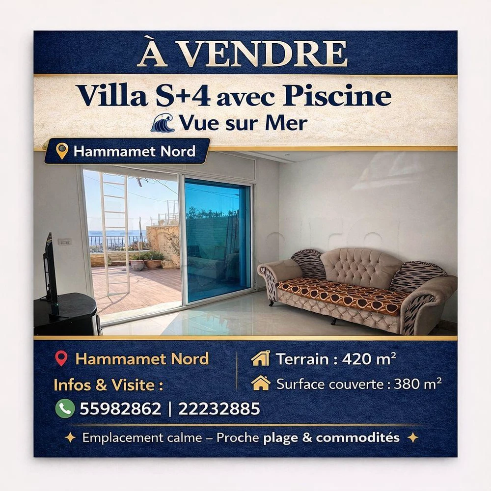 A Vendre Villa S+4 Avec Piscine Et Vue Sur Mer à Hammamet Nord