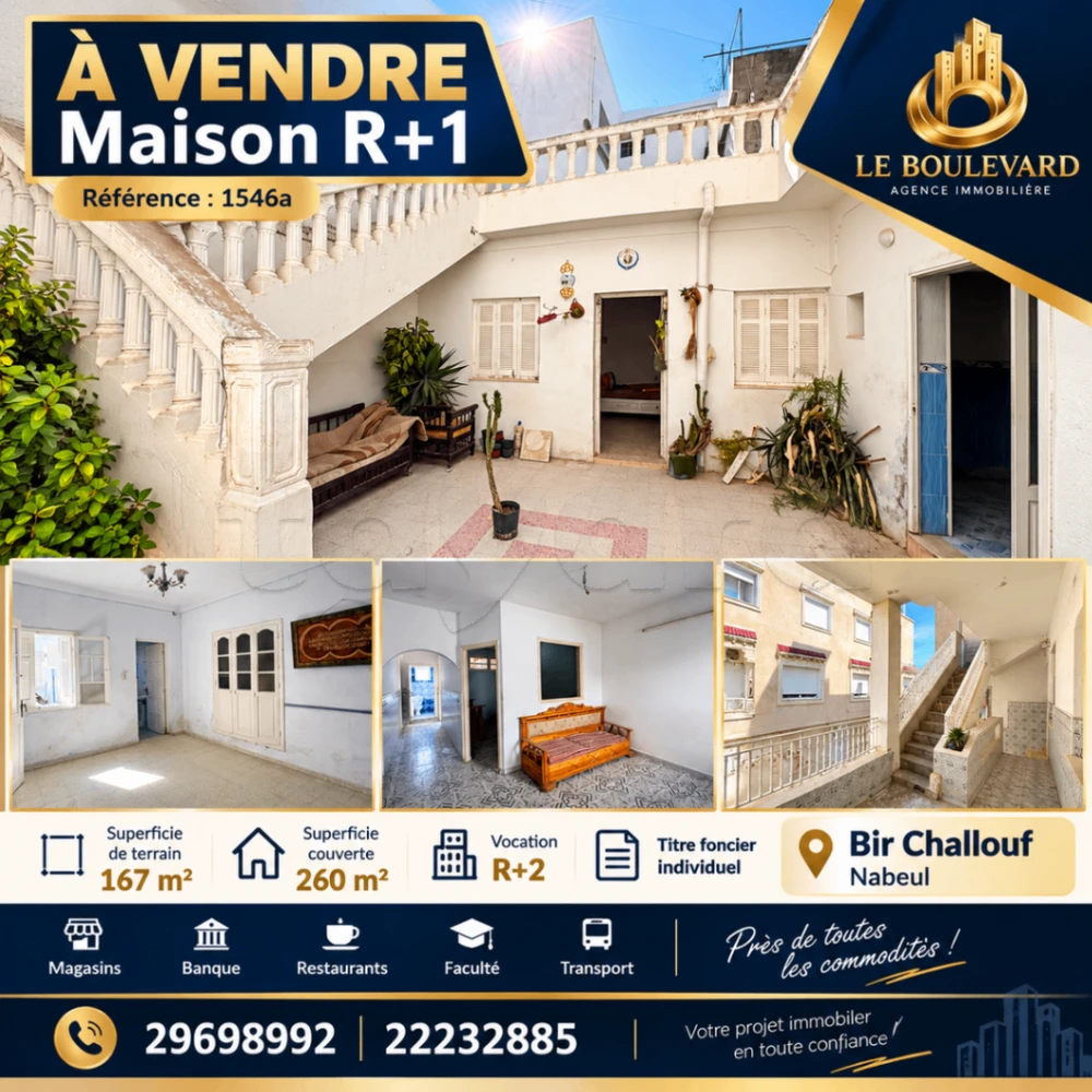 A Vendre Maison R+1 à Bir Challouf, Nabeul