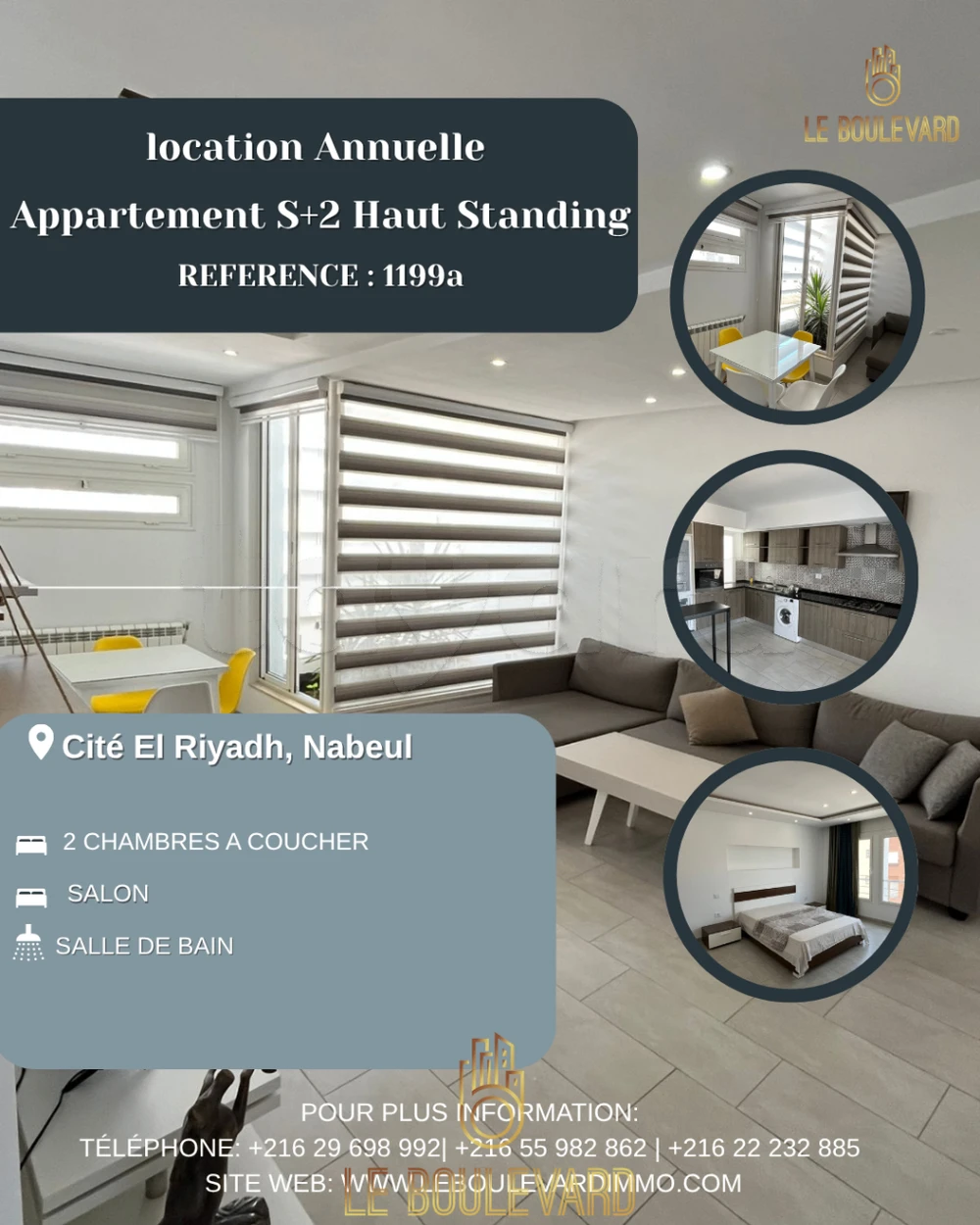 A louer Appartement S+2 meublé à Cité Riyadh , Nabeul