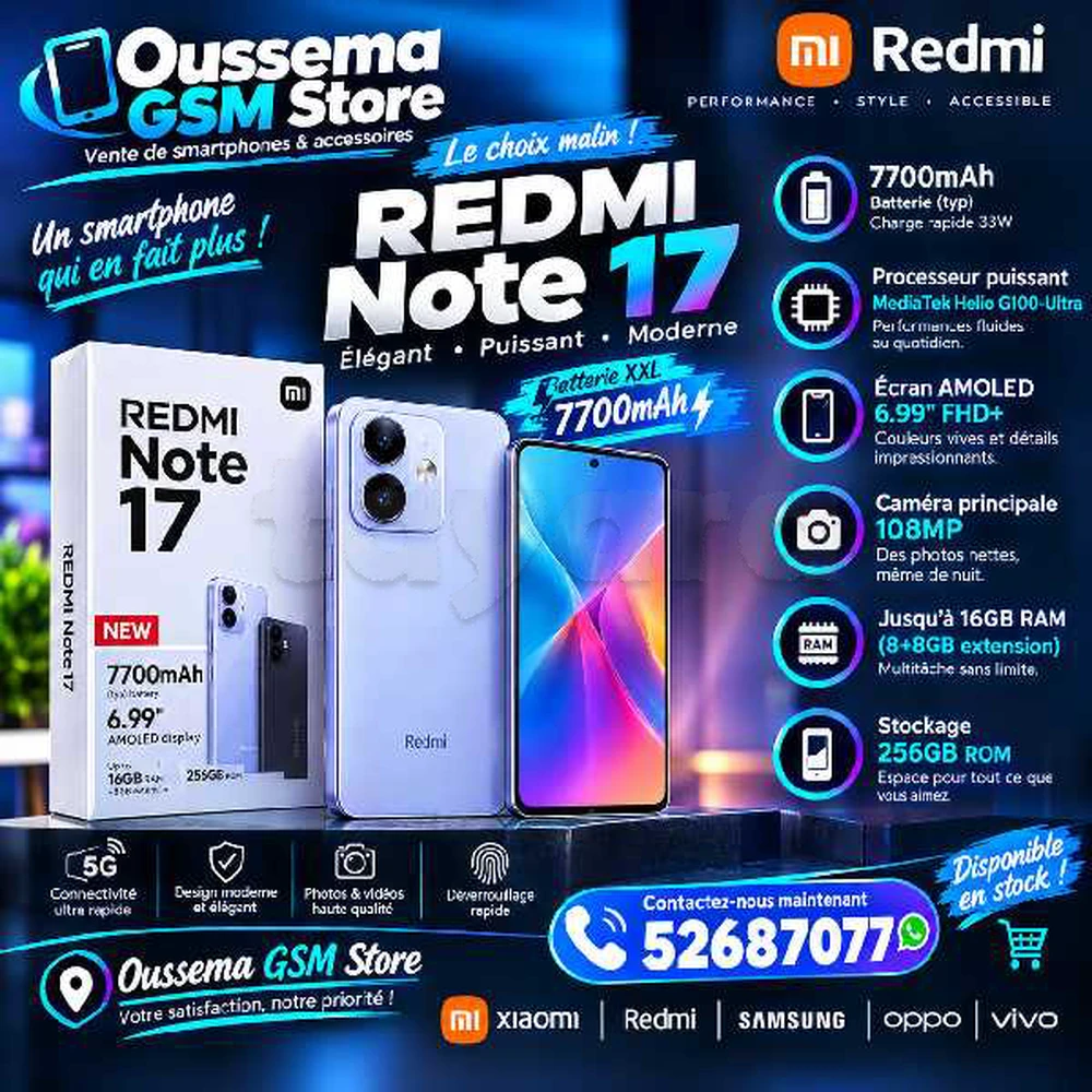 Xiaomi Redmi Note 17 (8/256Go) Neuf cacheté sous blister Validé 
📞52687077📞
