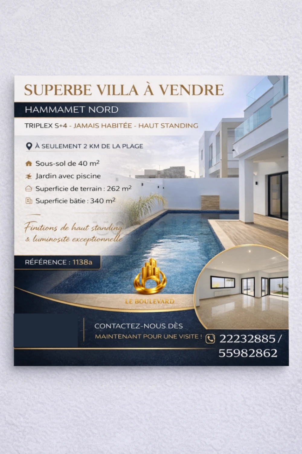 A Vendre Villa Triplex S+4 Jamais Habitée avec Piscine à Hammamet Nord