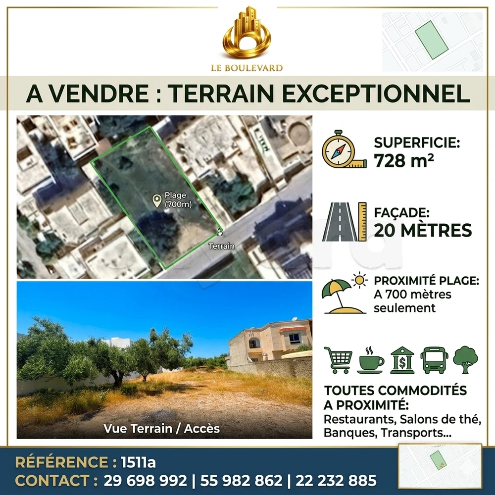 A Vendre Terrain 728m² à Jasmin, Nabeul