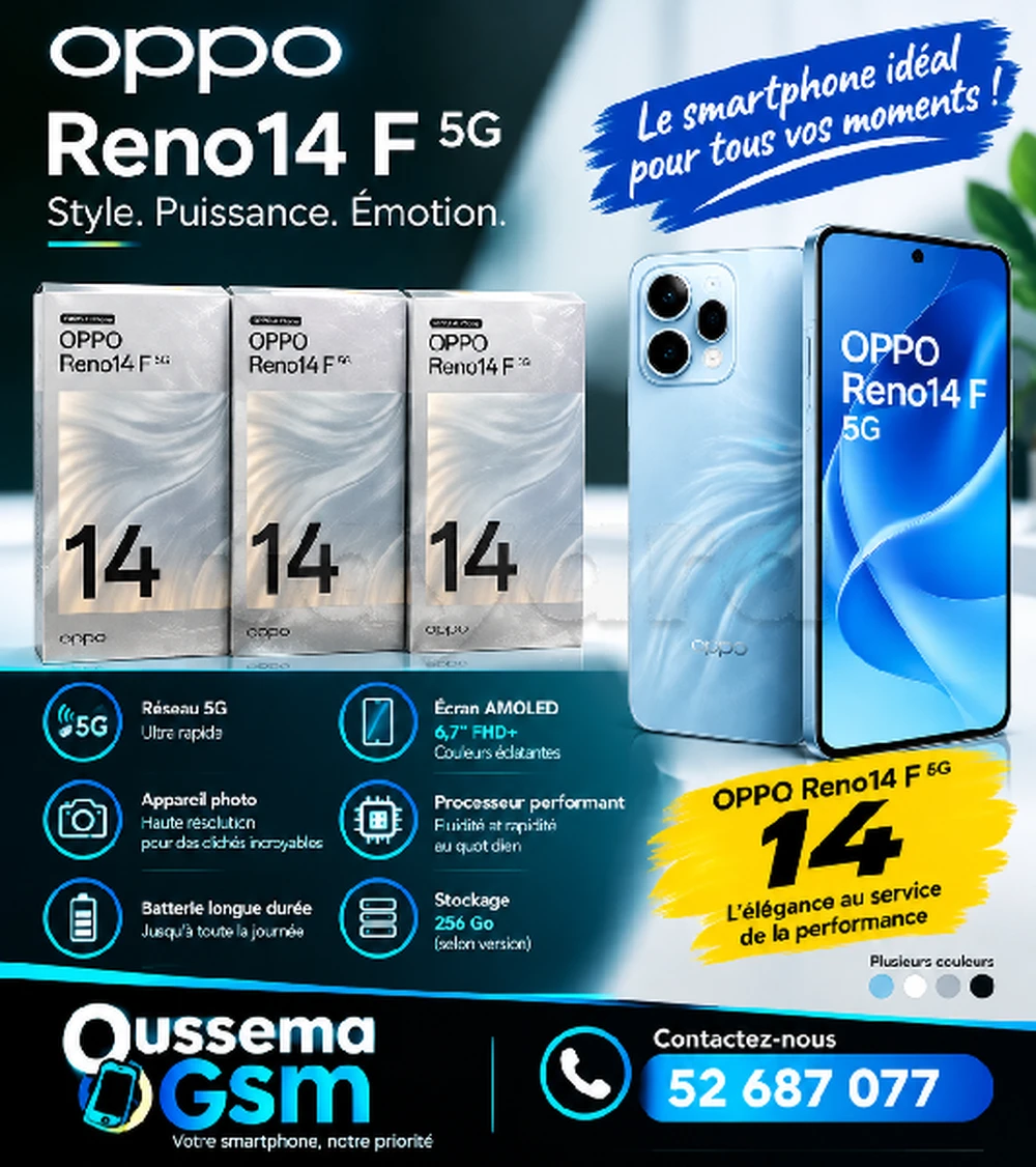 Oppo Reno 14F 5G (12/256 où 512go) Neuf cacheté sous blister
📞52687077📞