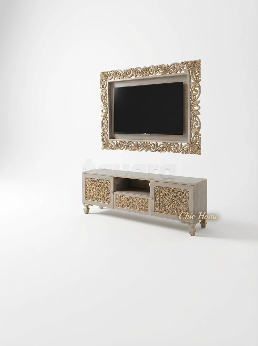Ensemble TV LARA Meuble et Cadre – Grège Doré | Chic Home