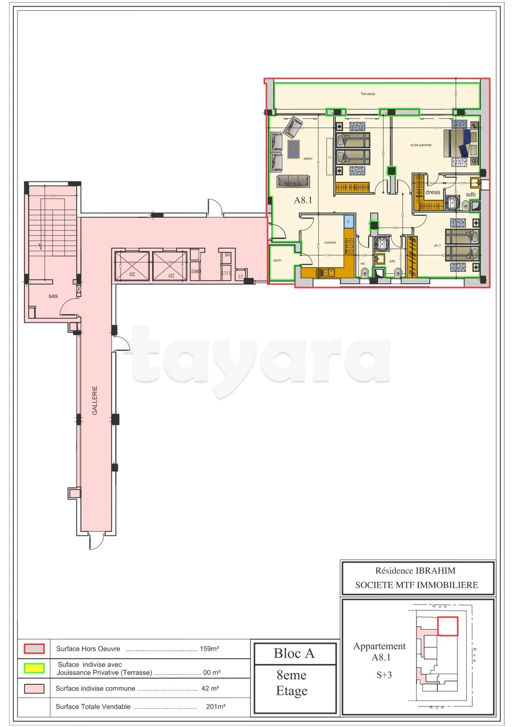 A' vendre un appartement S+3 au huitième étage A81
