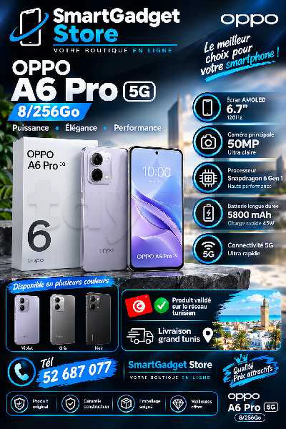 Oppo A6 Pro 5G (8/256Go) Neuf cacheté packet fermé Validé 
📞52687077📞