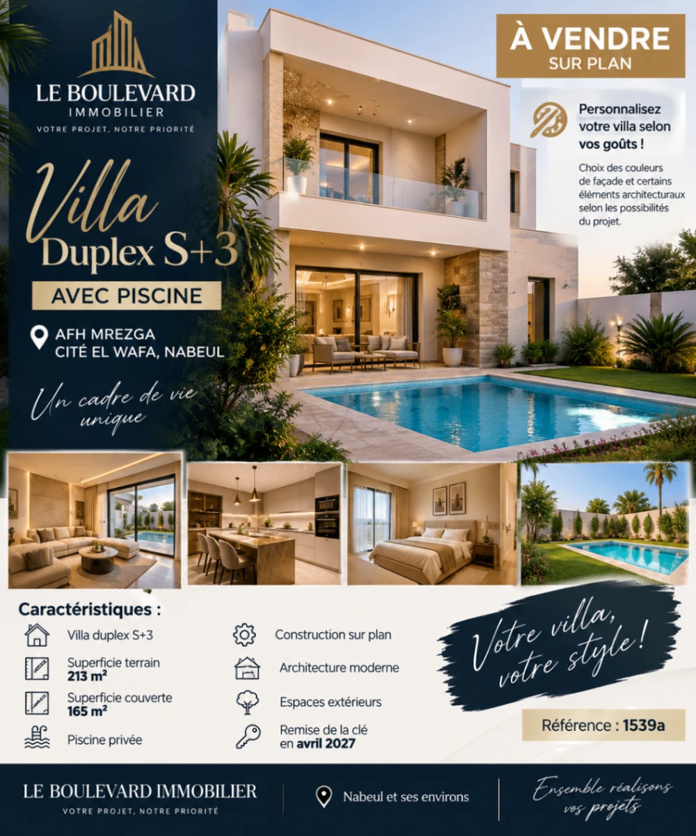A Vendre Villa S+3 Avec Piscine Sur Plan à AFH Mrezga, Cité El Wafa, Nabeul