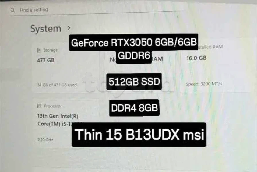 PC Portable Gamer - MSI THIN 15 B13UDX I5-13420H, 8Go, RTX 3050, 15.6" FHD