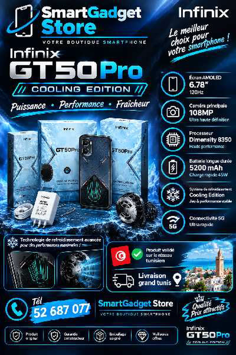Infinix GT 50 Pro 5G( 12/256Go)(Cooling Edition )Neuf cacheté Sous blister 📞52687077📞