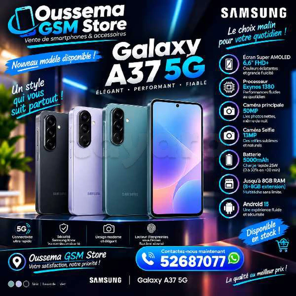 Samsung Galaxy A37 (8/128 Où 256Go) Neuf cacheté Sous blister
📞52687077📞