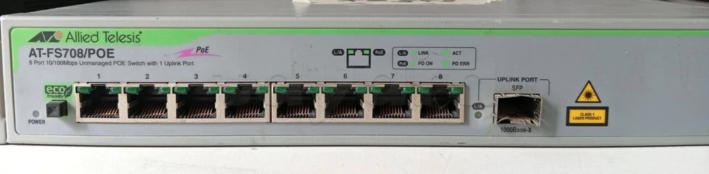 Switch d'Entreprise Allied Telesis AT-FS708/POE (8 Ports 10/100 PoE + 1 Uplink SFP Gigabit)