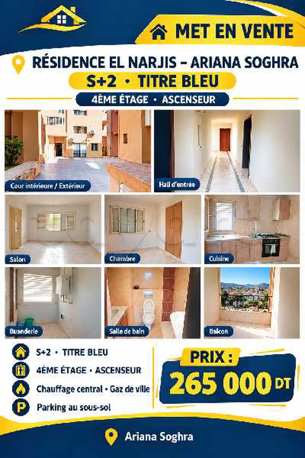 A vendre appartement s+2 hts a Ariana soghra