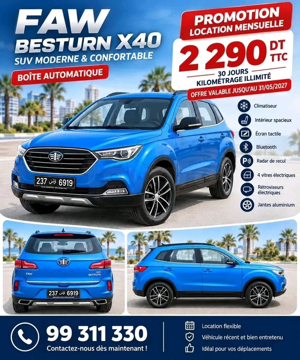 Location mensuelle FAW Besturn X40 automatique – 2 290 DT