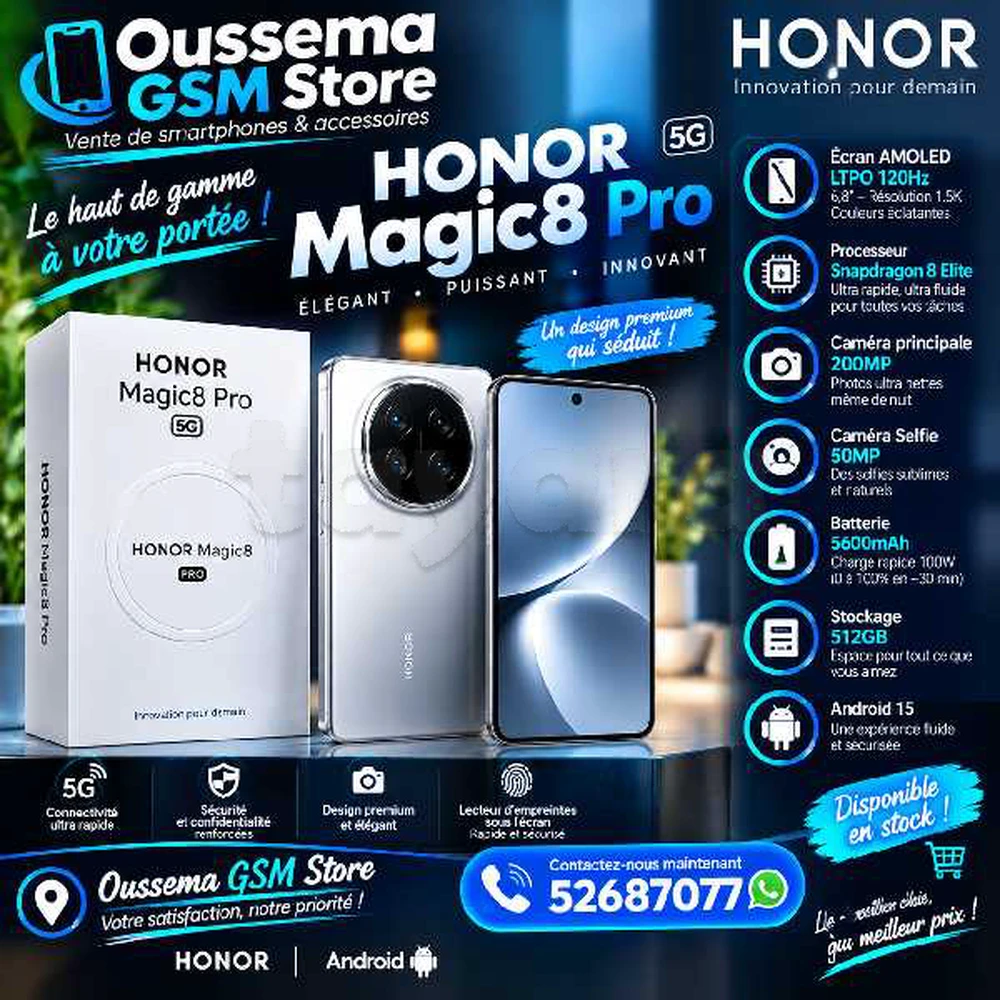 Honor Magic 8 pro 5G (12/512Go) Snapdragon 8 🐲 Elite Gen 5 Neuf cacheté Sous blister 
📞52.687.077📞