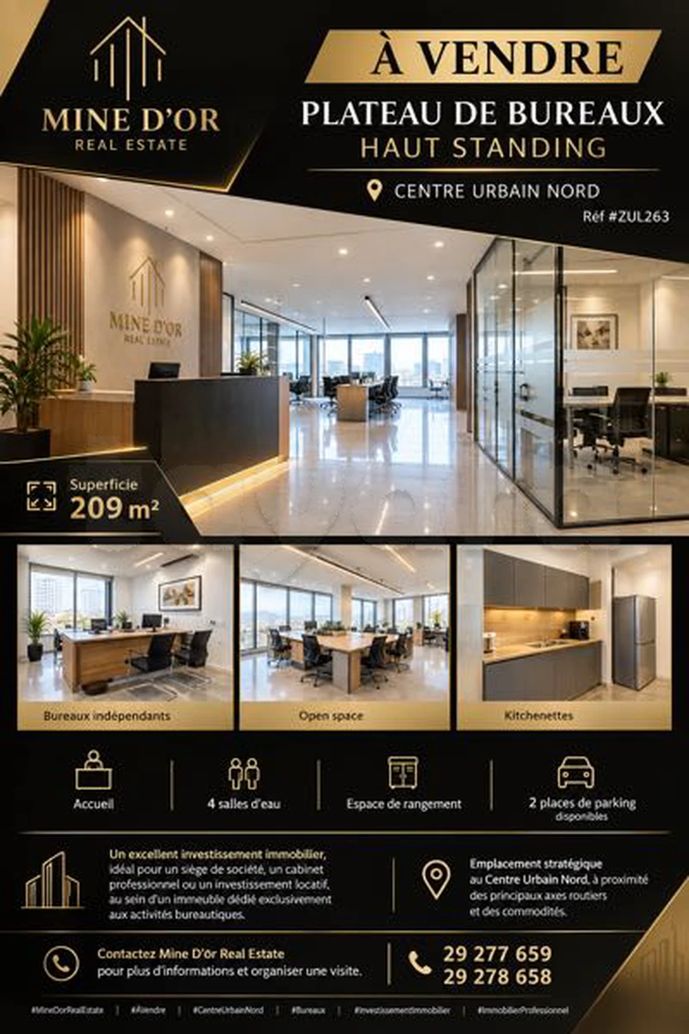 🏢 À VENDRE | PLATEAU DE BUREAUX HAUT STANDING – 209m² - CENTRE URBAIN NORD