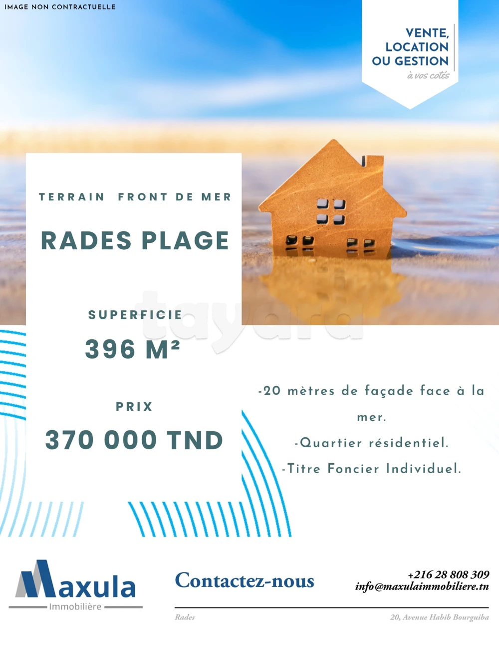 À VENDRE TERRAIN DE 396M² EN FRONT DE MER À RADES PLAGE