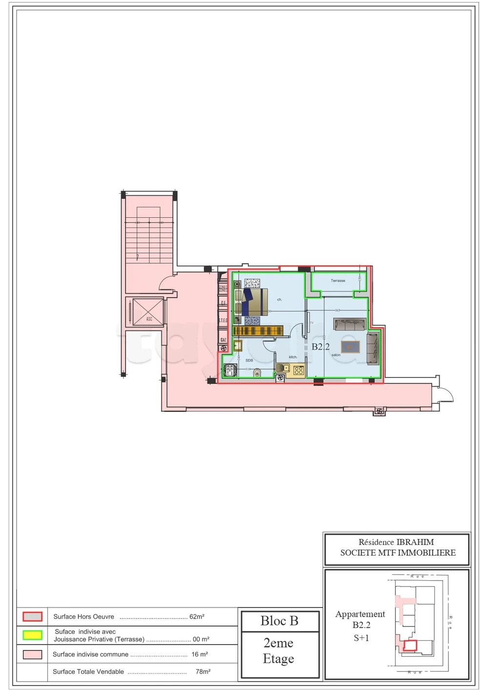 A' vendre un appartement S+1 au Deuxième étage B22