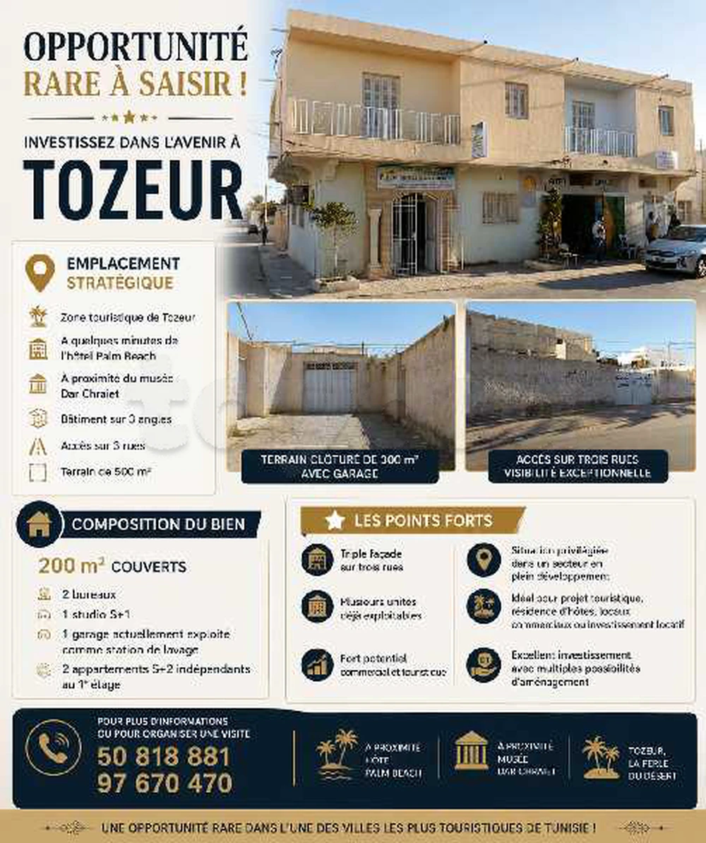 🏡 OPPORTUNITÉ D'INVESTISSEMENT À TOZEUR 🌴
✨ Emplacement stratégique exceptionnel dans la zone touristique de Tozeur, à quelques minutes de l'hôtel Palm Beach et du musée Dar Chraiet.
📍 Terrain de 500 m² ✅ Bâtiment en angle sur 3 façades et 3 rues, offrant