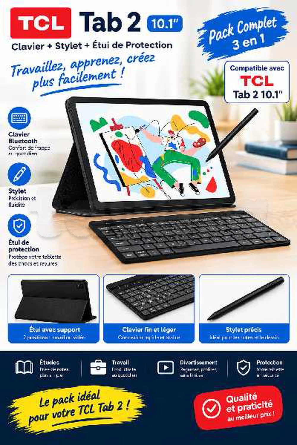 TCL Tab 2 10.1" – Pack Clavier + Stylet + Étui de Protection