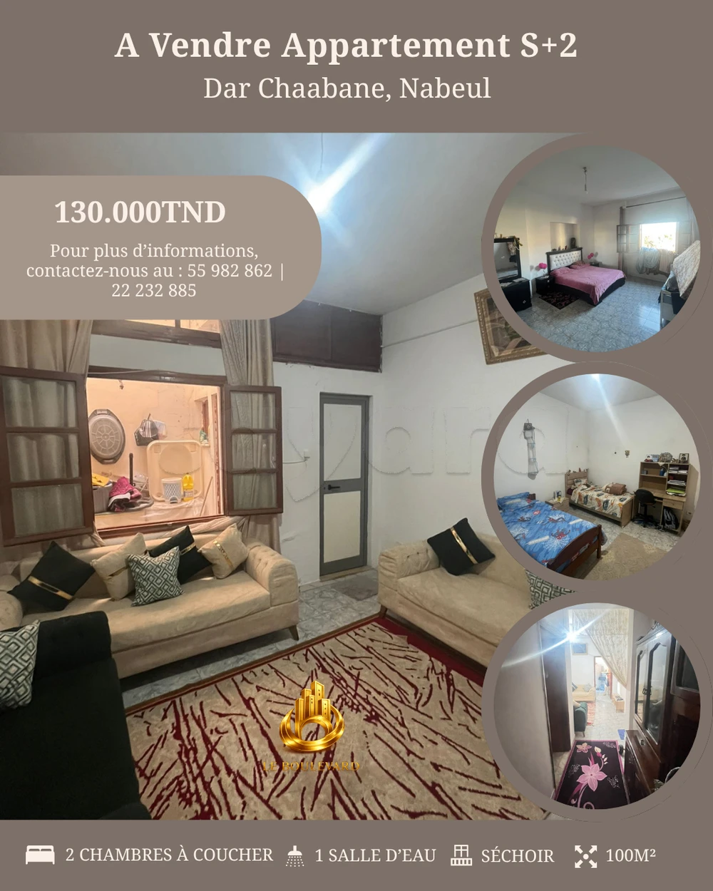À vendre : Appartement S+2 situé dans un immeuble R+2 à Dar Chaabane, Nabeul