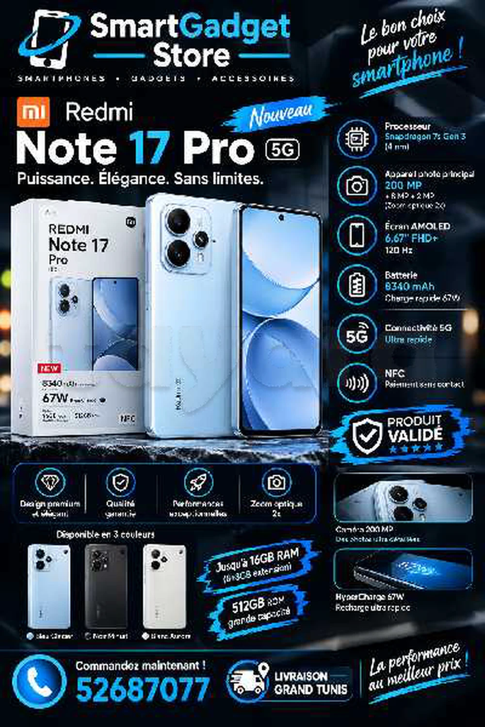 Xiaomi Redmi Note 17 pro 5g Snapdragon 🐲6s Gen 4 Neuf cacheté packet fermé 
📞52687077📞