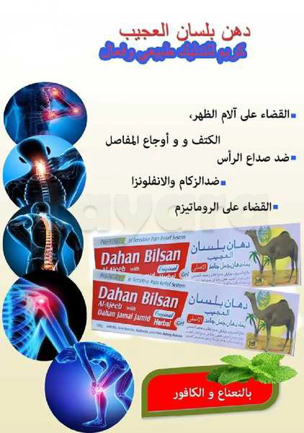 دهان بلسان العجيب🔥
 جل الجمل العجيب علاج سريع وفعال لجميع الاوجاع والالتهابات بالجسم فعال لاوجاع الدسك والرقبه فعال في علاج ألام المفاصل والاربطه وفعال جدا في الالام الشقيقه الصداع النصفي ويساعد على فتح القصبات وضيق التنفس فقط يدهن على المنطقه ومفعوله فور