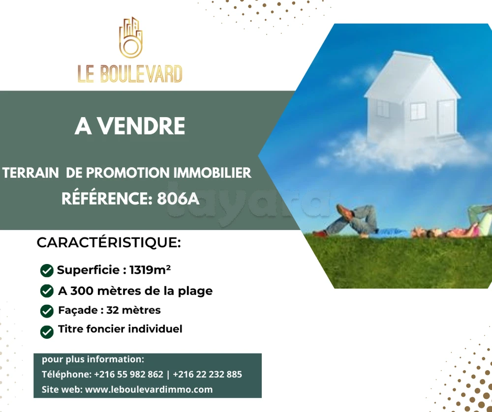 A vendre terrain 1319m² pur promotion immobilière R+6 vue sur mer à Avenue Mohamed 5 , Nabeul