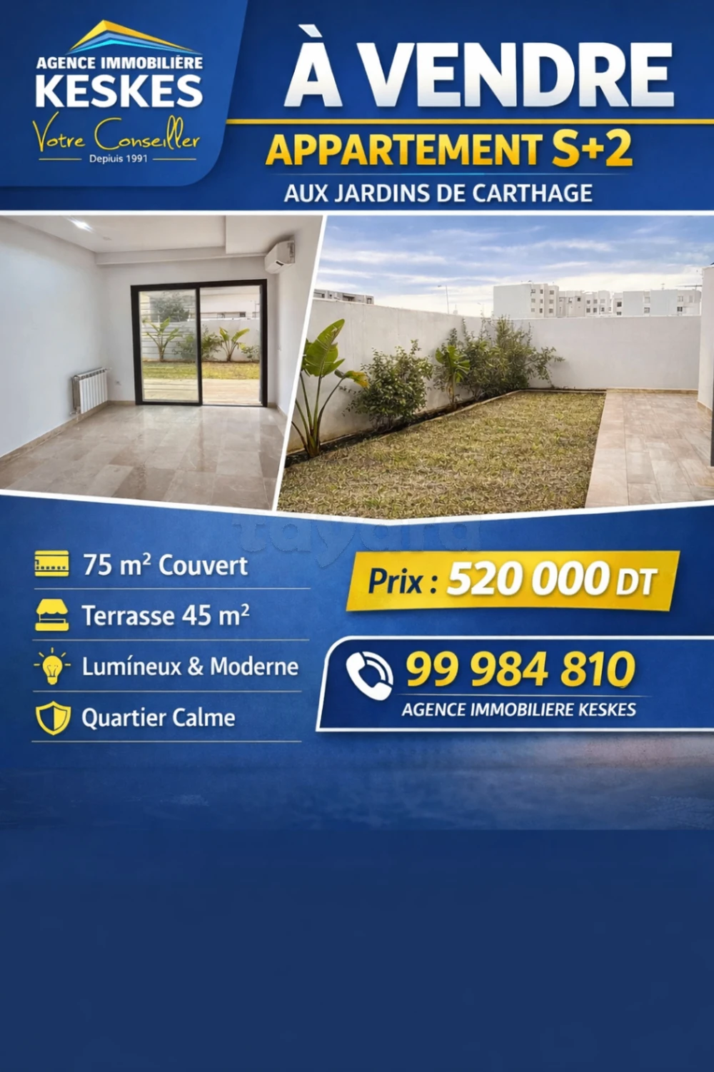 Titre : À vendre appartement S+2 avec grande terrasse – Jardins de Carthage 520 MD