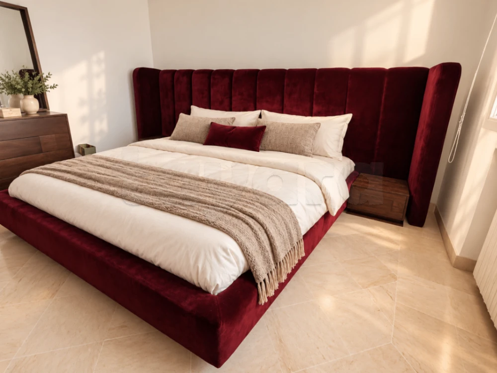 Lit King Size EDWARDS haut de gamme – Velours bordeaux – 180 × 200 cm