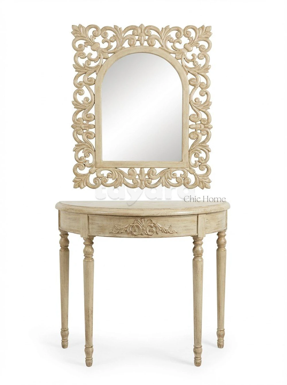 Console Demi-Lune Bois Massif Miroir – Beige Patiné Doré | Chic Home