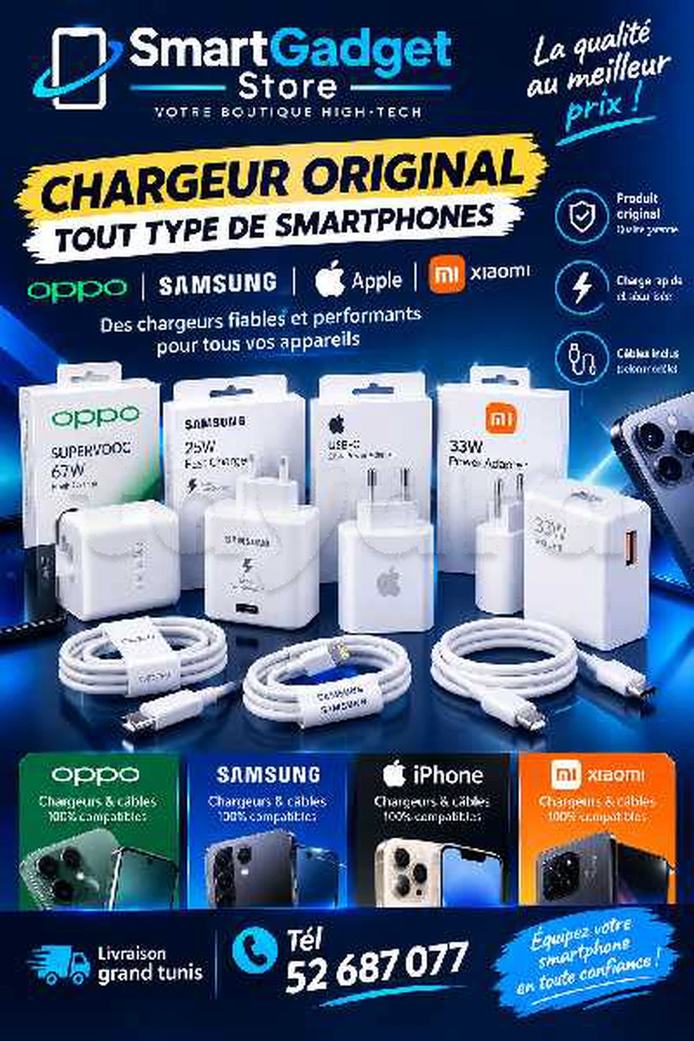 Chargeur original tout type de Smartphones
Oppo_Samsung_Apple_Xiaomi
📞52 687 077📞