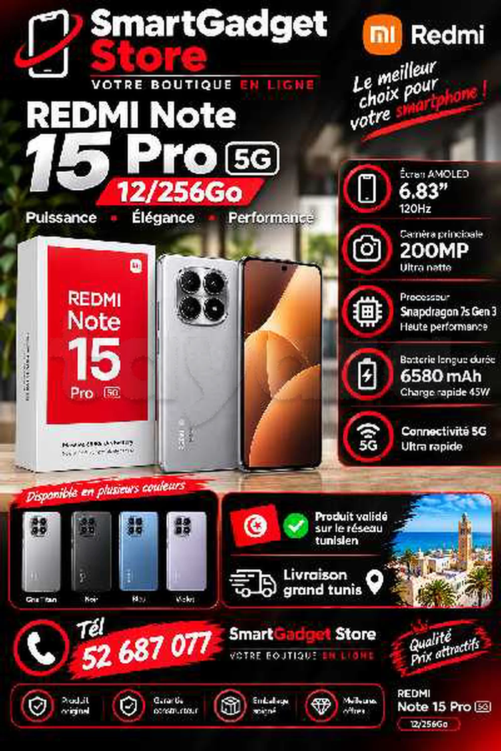 Redmi Note 15 Pro 5G (12/256Go)Neuf cacheté Sous blister Validé 
📞52 687 077 📞
