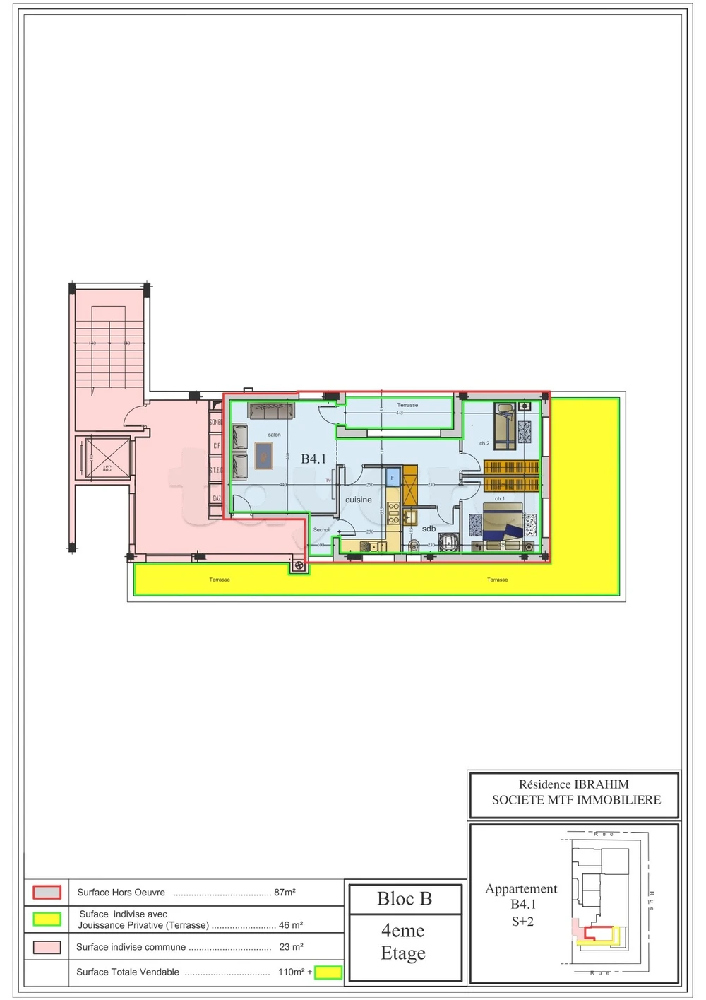 A' vendre un appartement S+2 au quatrième étage B41