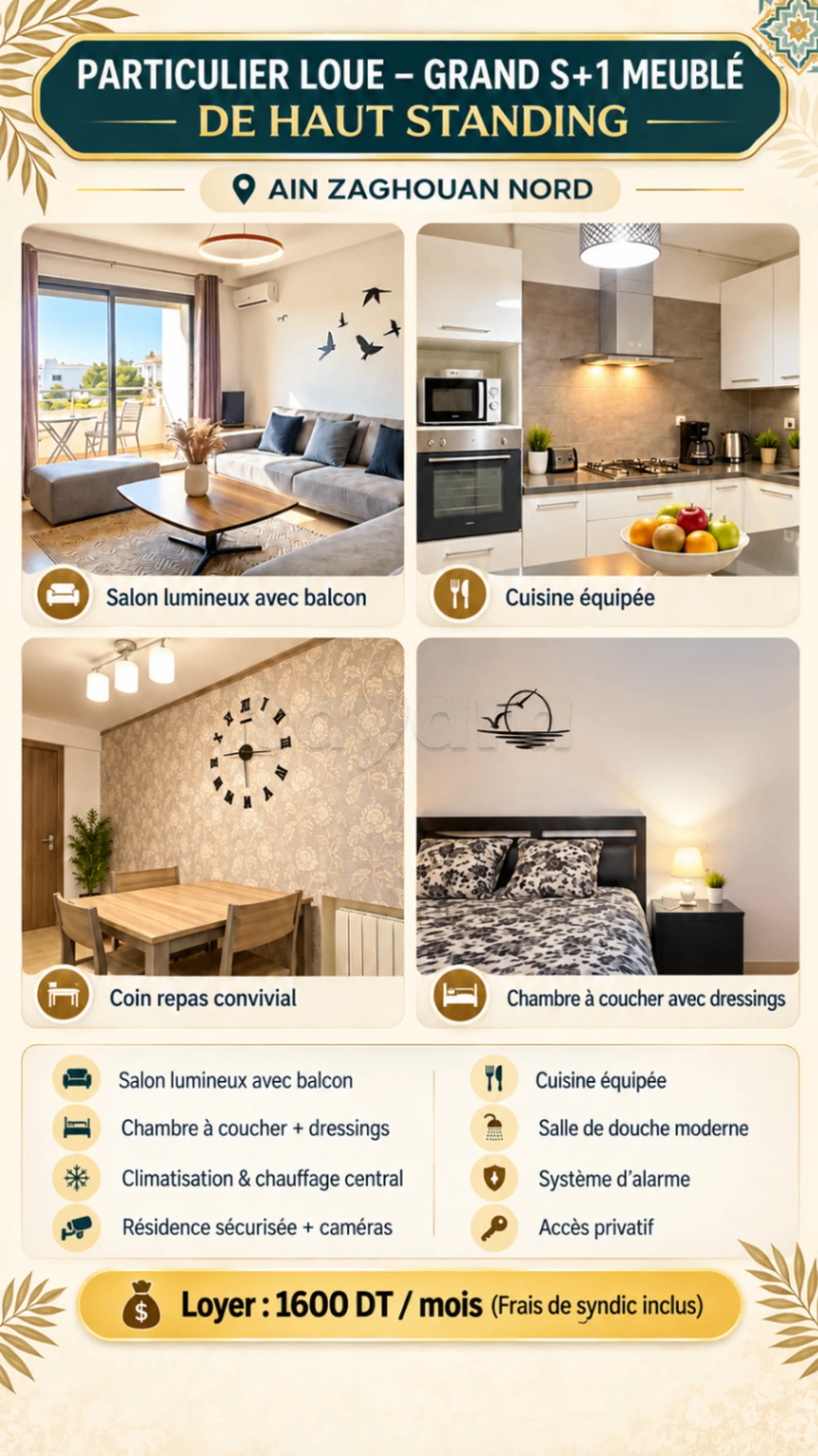 🌟 GRAND S+1 MEUBLÉ 📍 AIN ZAGHOUAN NORD