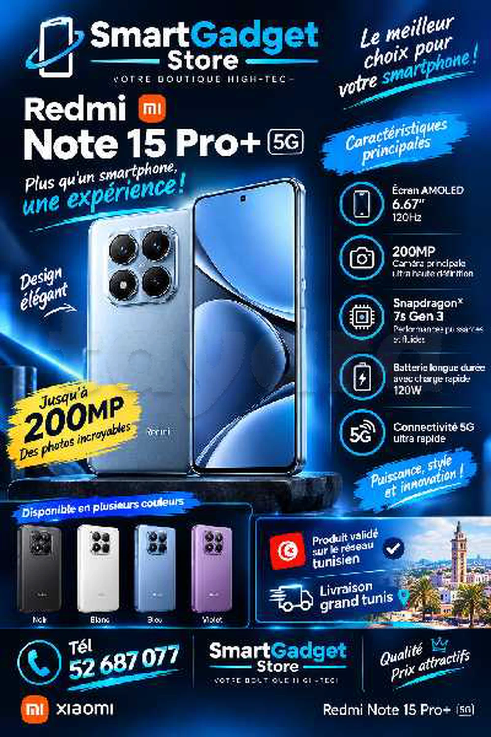 Xiaomi Redmi Note 15 pro plus ➕️ 5G (256 Où 512go) Snapdragon 🐲 7s Gen 4 Neuf cacheté 
📞52 687 077 📞